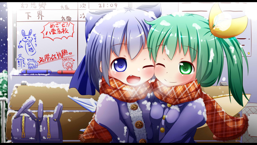 bag bench blue_eyes blue_hair blush bow cheek-to-cheek cirno daiyousei doodle fairy_wings fang green_eyes green_hair hair_bow hair_ribbon highres jacket looking_at_viewer makuran multiple_girls open_mouth ribbon scarf shared_scarf side_ponytail sign smile snow snow_on_head snowing touhou translation_request wings wink