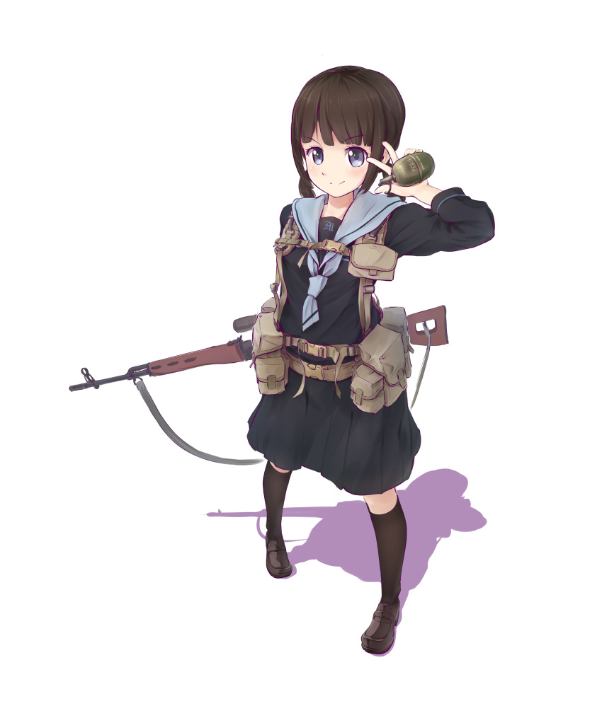 1girl absurdres blue_eyes brown_hair dragunov_svd explosive from_above grenade gun highres kneehighs load_bearing_equipment long_hair long_sleeves looking_at_viewer looking_up pouch rifle school_uniform scope serafuku shadow short_twintails simple_background sling smile sniper_rifle solo tc1995 twintails weapon white_background