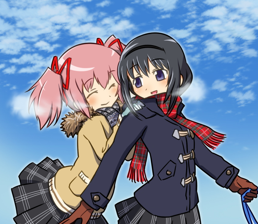 2girls :d akemi_homura black_hair closed_eyes coat gloves hair_ribbon hairband hands_on_another's_shoulders highres kaname_madoka long_hair looking_at_another looking_back mahou_shoujo_madoka_magica multiple_girls open_mouth pink_hair ribbon sat-c scarf short_hair short_twintails skirt smile twintails violet_eyes