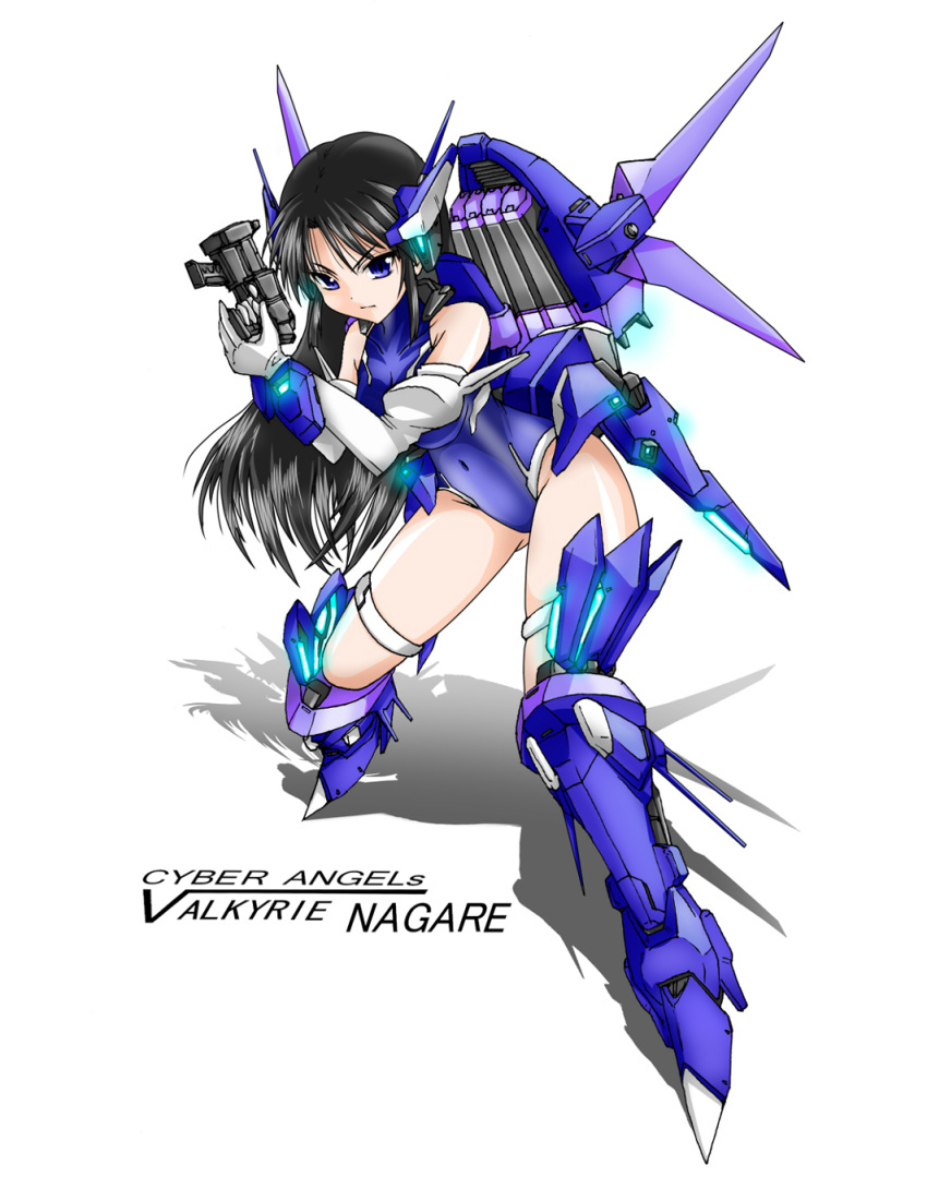 bare_shoulders black_hair blue_eyes cyber_angels_valforce densou_tenshi_valforce elbow_gloves full_body gloves gun highres karukan_(monjya) kuroha_nagare leotard long_hair mecha_musume pistol robot_ears solo thrusters weapon white_gloves