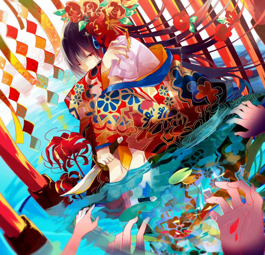 1girl dagger feet_in_water flower hair_flower hair_ornament hands highres japanese_clothes legs_up long_hair lotus original red_eyes ripples soaking_feet solo tagme tatsumi3 water weapon