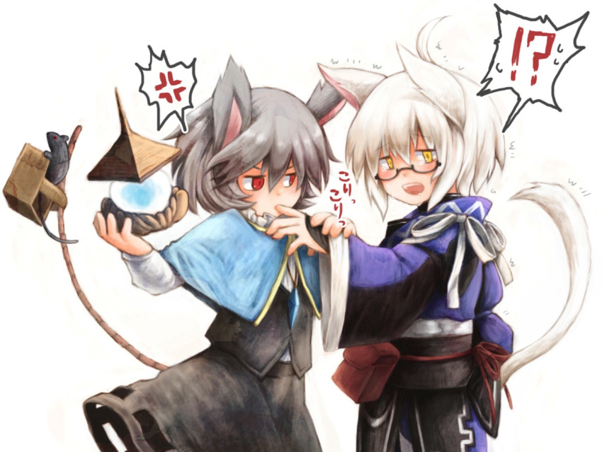 1girl ahoge animal animal_ears basket biting blush capelet cat_ears cat_tail finger_biting glasses grey_hair jeweled_pagoda jewelry kemonomimi_mode long_sleeves morichika_rinnosuke mouse mouse_ears mouse_tail nazrin open_mouth pendant red_eyes saliva short_hair silver_hair tail tamo_no_ko touhou trembling wide_sleeves yellow_eyes
