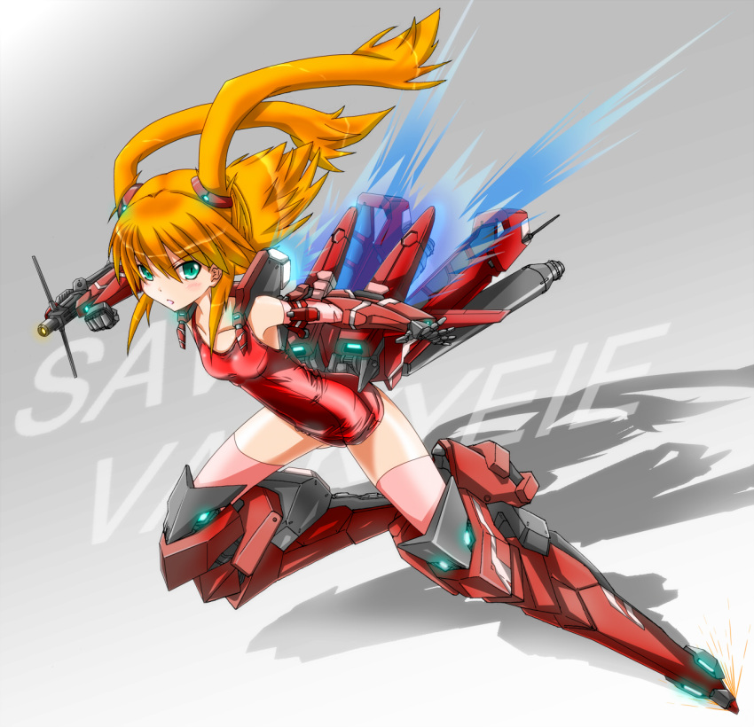 arm_cannon bare_shoulders cyber_angels_valforce densou_tenshi_valforce female full_body green_eyes highres karukan_(monjya) long_hair mecha_musume mechanical_arms misawa_elena one-piece_swimsuit orange_hair red_legwear red_swimsuit school_swimsuit solo swimsuit thigh-highs thighhighs thrusters two_side_up weapon