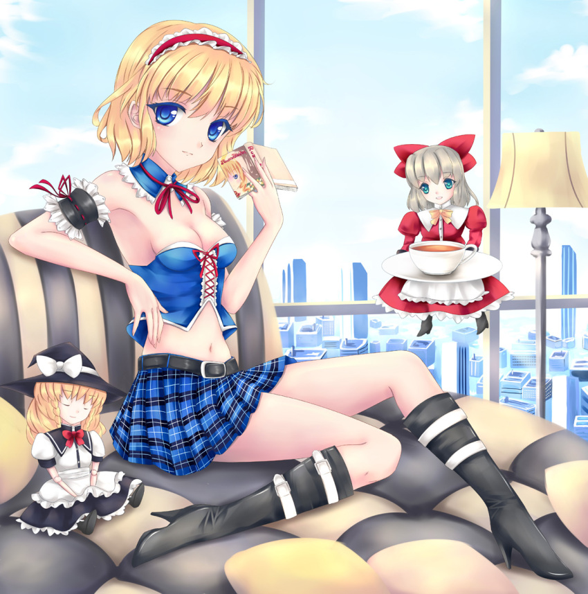 alice_margatroid alternate_costume armband bare_shoulders bed belt blonde_hair blue_eyes blush book boots bow breasts character_doll cleavage cup detached_collar doll dress fred0092 hair_bow hairband hat highres kirisame_marisa lamp long_hair looking_at_viewer midriff multiple_girls short_hair smile solo teacup touhou window