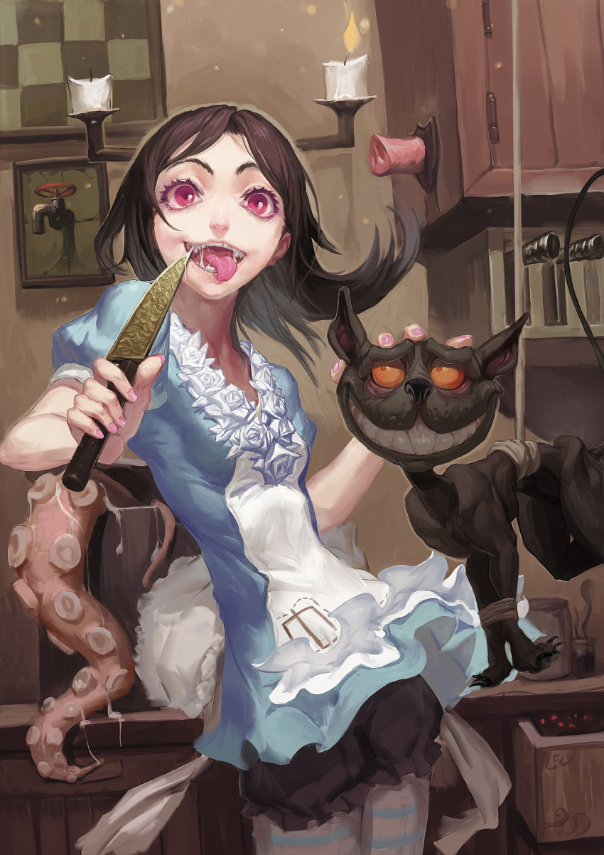 absurdres alice:_madness_returns alice_(wonderland) alice_in_wonderland american_mcgee's_alice american_mcgee's_alice apron black_cat black_hair bound_legs cat cheshire_cat grin highres knife long_hair octopus open_mouth pandegg pantyhose pot red_eyes rope saliva sharp_teeth smile striped striped_legwear