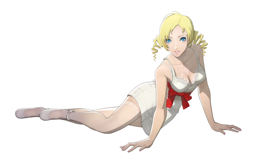 blonde_hair blue_eyes breasts catherine catherine_(game) cleavage drill_hair highres lips official_art soejima_shigenori solo