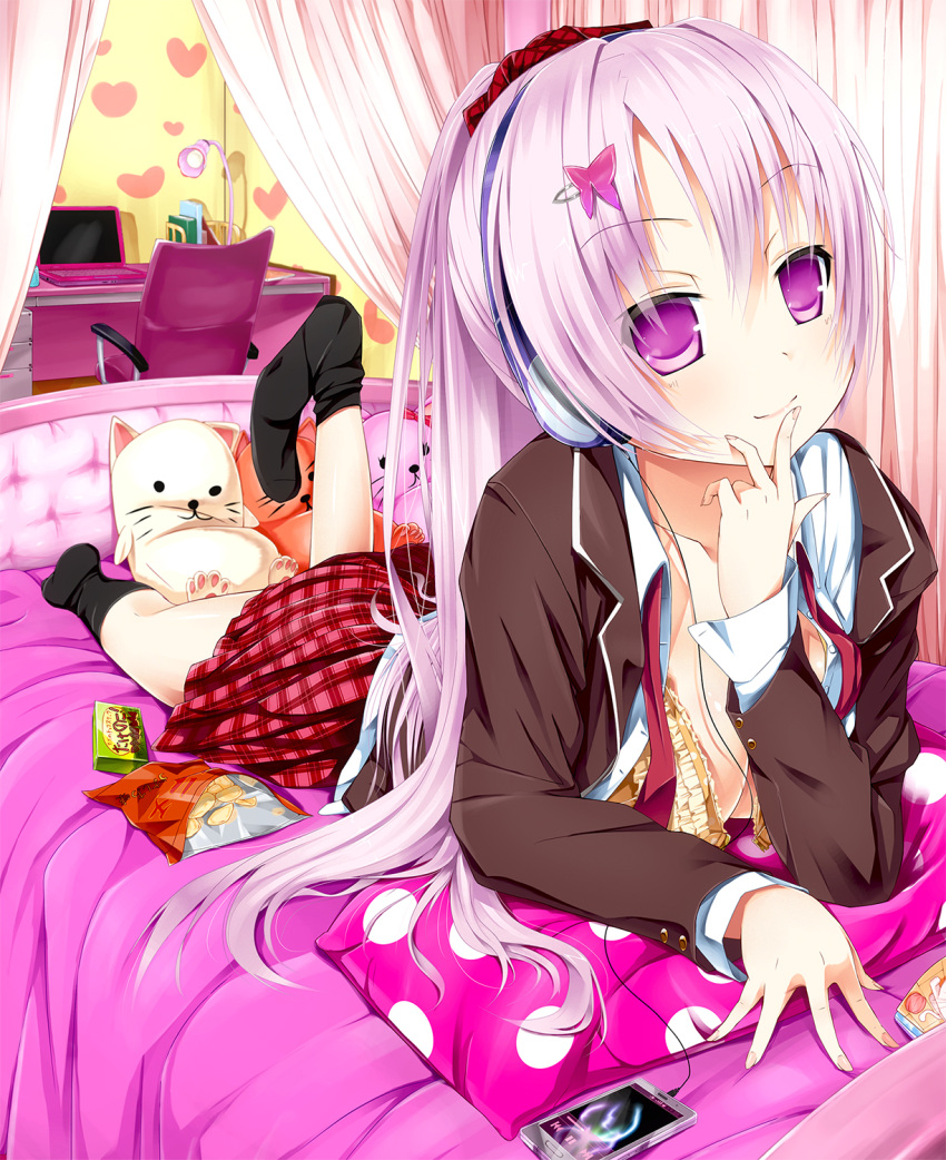 bed blazer blush bra breasts chair collarbone computer curtains hair_ornament headphones heart highres lamp laptop long_hair looking_at_viewer lying on_stomach original pillow pink_eyes pink_hair plaid plaid_skirt skirt smile solo stuffed_cat table toguro_(ojui0101) underwear yellow_bra