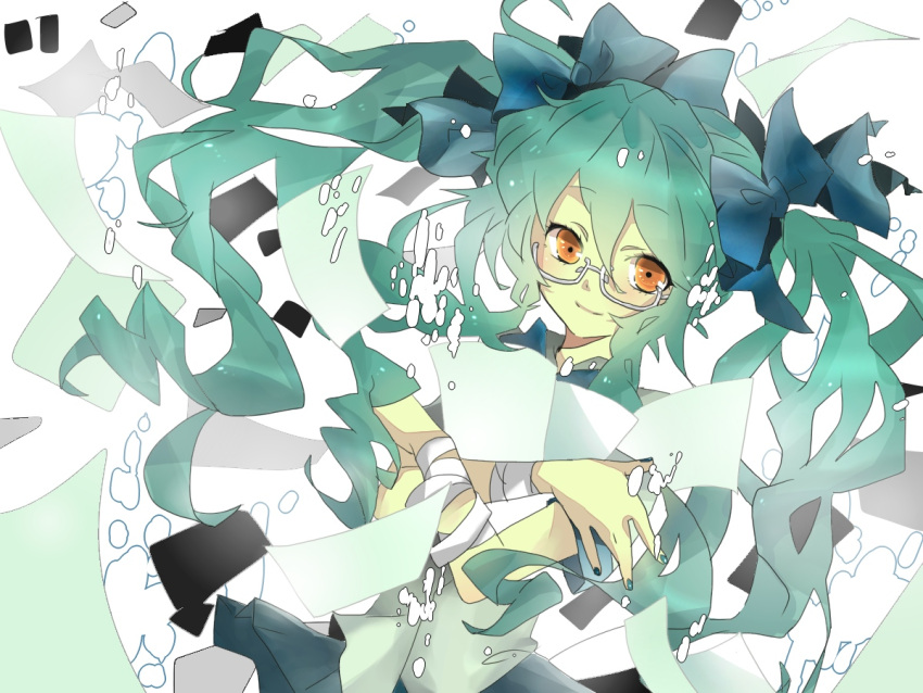 bandage bandages bespectacled glasses green_hair hatsune_miku kukunn long_hair orange_eyes solo torinoko_city_(vocaloid) twintails very_long_hair vocaloid