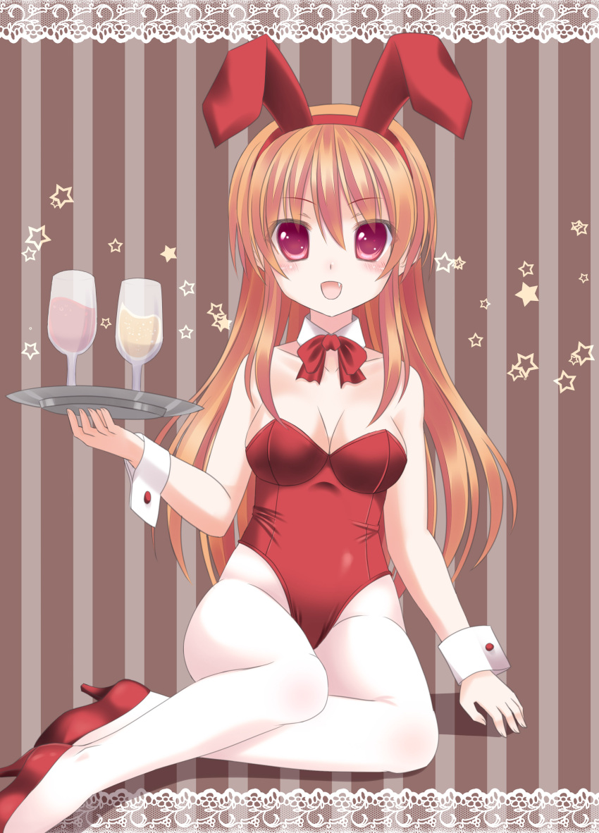 absurdres animal_ears bare_shoulders breasts brown_hair bunny_ears bunny_girl bunnysuit cleavage detached_collar fang glass highres ikeda_yuuki long_hair open_mouth original pantyhose rabbit_ears red_eyes revision solo tray white_legwear wrist_cuffs