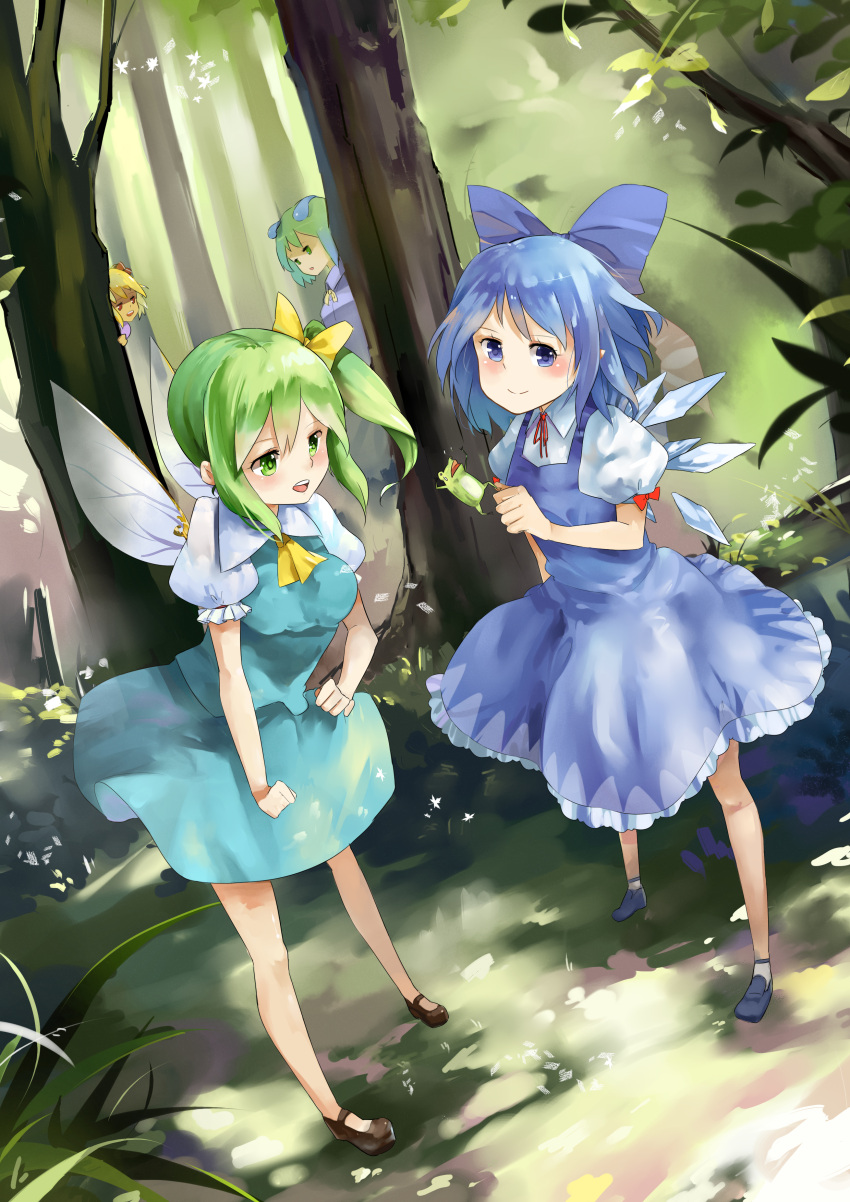 absurdres antennae blonde_hair blue_eyes blue_hair blush bow breasts cirno daiyousei dress fairy_wings forest frog grass green_eyes green_hair hair_bow hair_ribbon highres ice ice_wings long_hair long_sleeves multiple_girls nature open_mouth puffy_sleeves red_eyes ribbon rumia shirt short_hair short_sleeves side_ponytail skirt smile tomoko_waves touhou tree wings wriggle_nightbug