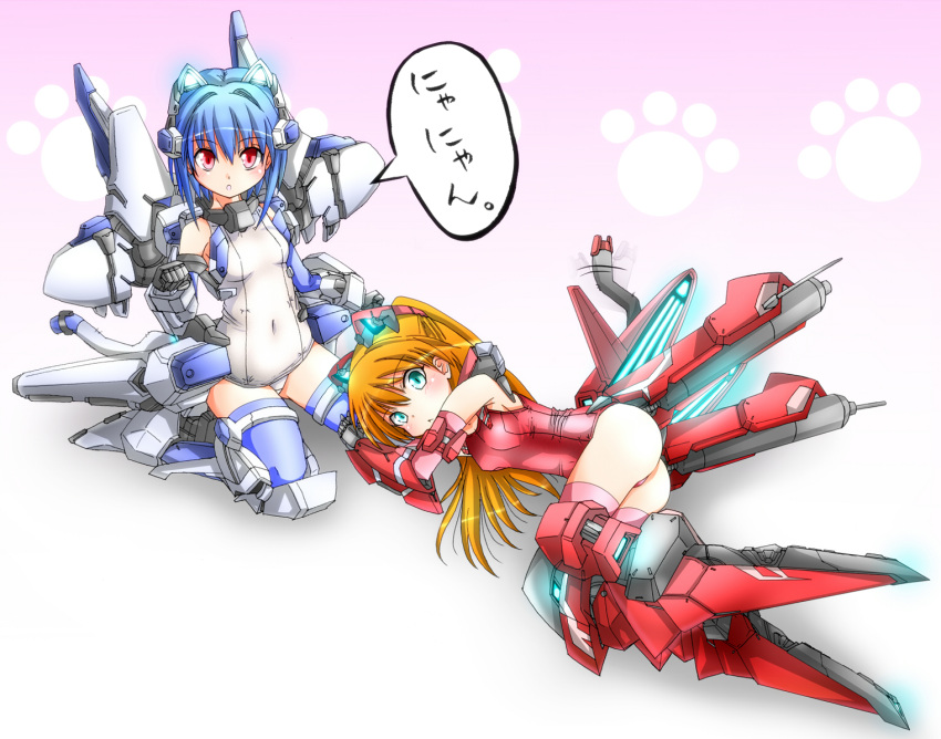 animal_ears ass bare_shoulders blue_legwear blush bob_cut cat_ears cat_tail cyber_angels_valforce densou_tenshi_valforce elbow_gloves flat_chest gloves green_eyes hair_intakes hair_ornament highres kannagi_ai karukan_(monjya) kemonomimi_mode kneeling long_hair mecha_musume mechanical_arms misawa_elena multiple_girls on_side one-piece_swimsuit orange_hair pink_legwear red_eyes red_swimsuit school_swimsuit short_hair swimsuit tail tail_wagging thigh-highs thighhighs thrusters translated translation_request two_side_up white_swimsuit