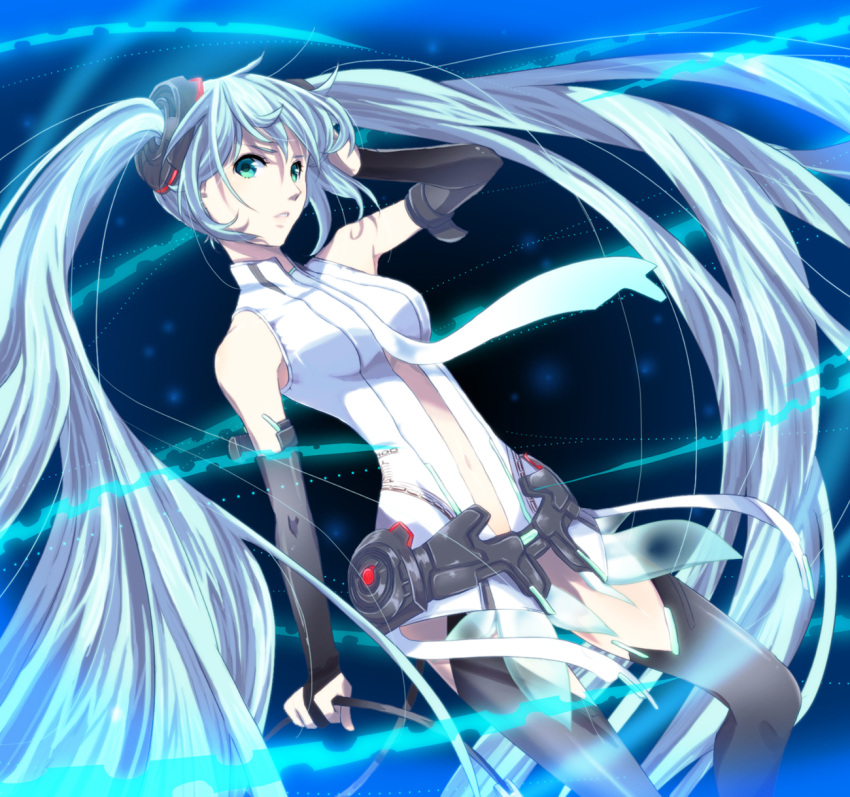 aqua_hair bridal_gauntlets center_opening green_eyes hatsune_miku hatsune_miku_(append) highres long_hair miku_append navel necktie sky-sky solo thigh-highs thighhighs twintails very_long_hair vocaloid vocaloid_append