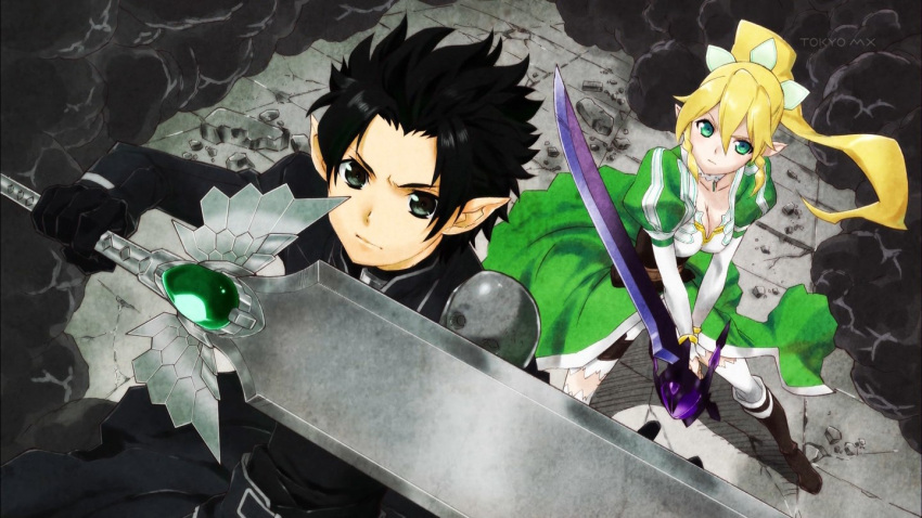 1girl accel_world black_hair black_lotus_(accel_world) blonde_hair breasts cleavage creator_connection crossover elf eyecatch green_eyes kabashima_yousuke kirito_(sao-alo) leafa objectification official_art personification pointy_ears screencap silver_crow sword sword_art_online weapon