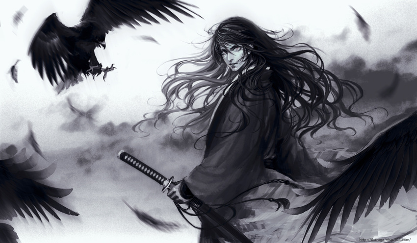 bird black_hair cloud clouds crow feathers jun_du long_hair looking_at_viewer monochrome original sky sword weapon