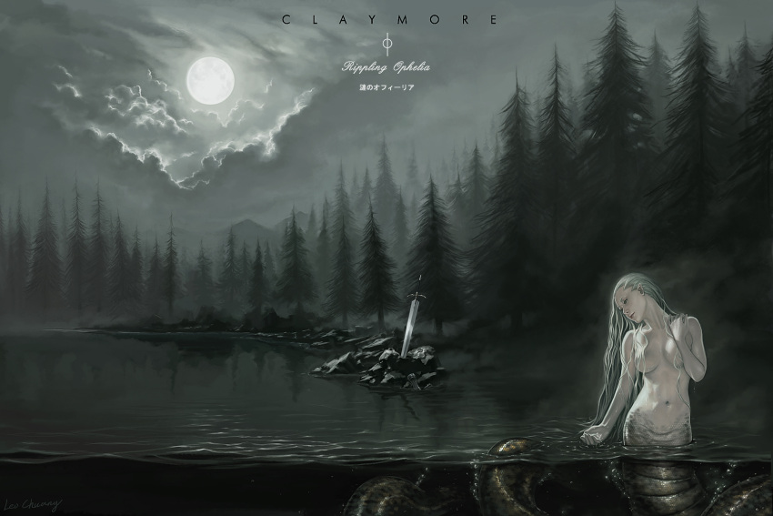 claymore claymore_(sword) cloud clouds forest highres lake leo_chuang moon nature navel night nude ophelia partially_submerged solo sword tail weapon