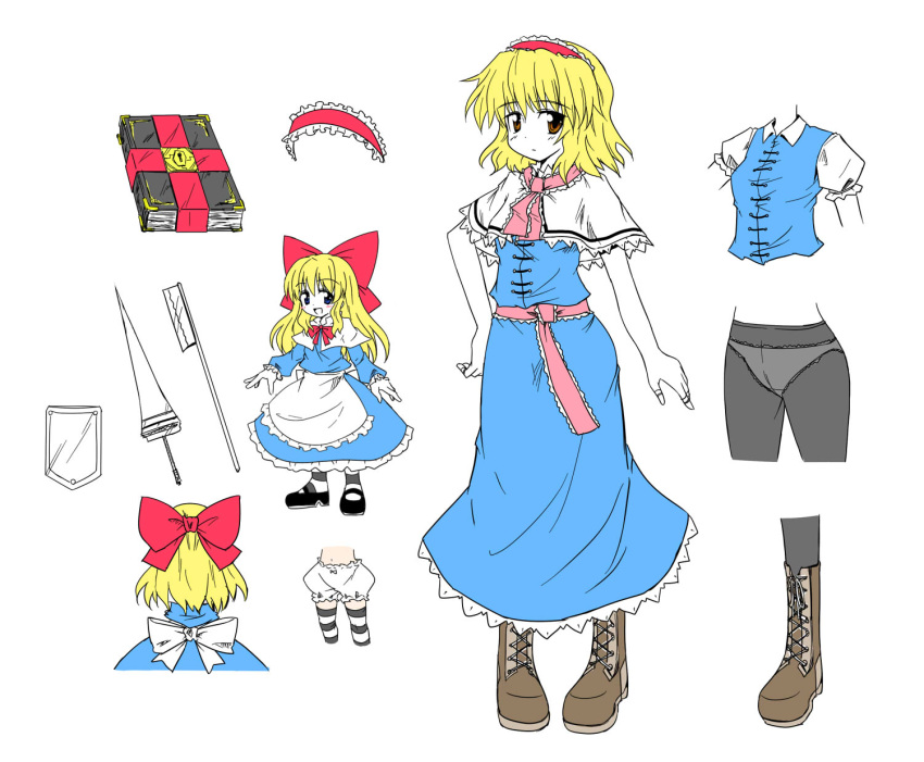 alice_margatroid blonde_hair bloomers book boots cross-laced_footwear highres lace-up_boots lance looking_at_viewer mary_janes nibi panties panties_under_pantyhose pantyhose polearm shanghai_doll shield shoes short_hair simple_background solo striped striped_legwear thighhighs touhou underwear weapon white_background