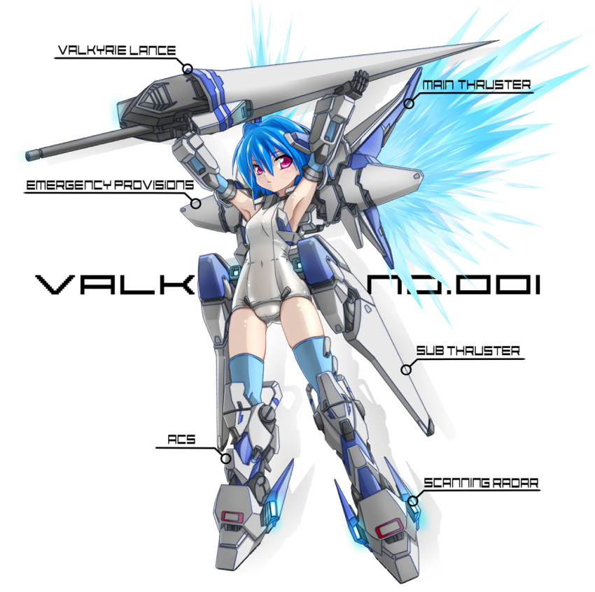 annotated armpits arms_up blue_hair blue_legwear cyber_angels_valforce densou_tenshi_valforce english flat_chest highres huge_weapon kannagi_ai karukan_(monjya) lance mecha_musume mechanical_arms one-piece_swimsuit pink_eyes polearm school_swimsuit short_hair solo swimsuit thigh-highs thighhighs thrusters weapon white_swimsuit