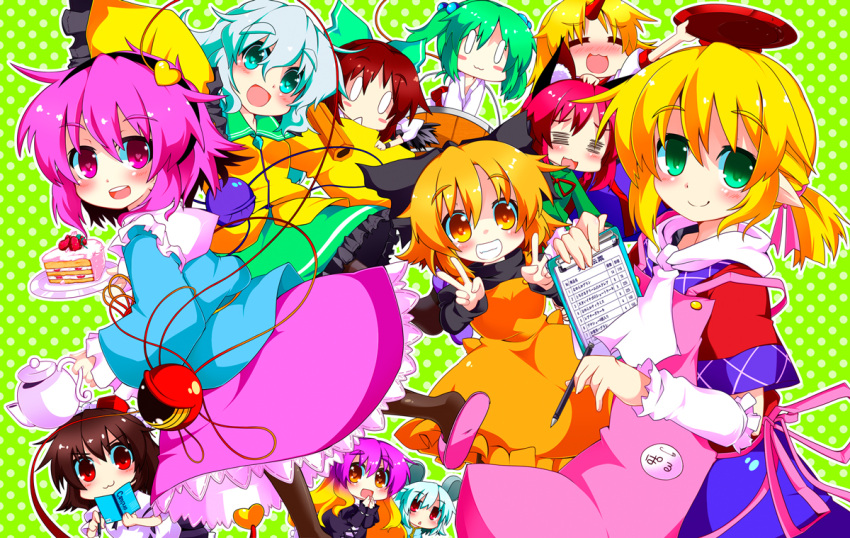 6+girls animal_ears arm_cannon blonde_hair blush book bow brown_hair bucket cake cat_ears double_v dress drunk food gin_(shioyude) gradient_hair green_eyes green_hair hair_bobbles hair_bow hair_ornament hairband hat heart heart-shaped_pupils hijiri_byakuren horn hoshiguma_yuugi kaenbyou_rin kisume komeiji_satori kurodani_yamame long_hair mizuhashi_parsee mouse_ears multicolored_hair multiple_girls nazrin open_mouth pink_hair pointy_ears polka_dot polka_dot_background purple_hair red_eyes red_hair redhead reiuji_utsuho sakazuki shameimaru_aya short_hair smile star star-shaped_pupils subterranean_animism symbol-shaped_pupils third_eye tokin_hat touhou twintails v weapon yellow_eyes