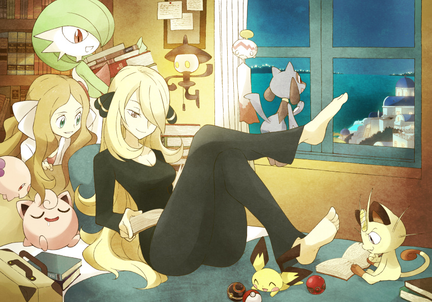 2girls barefoot bed blonde_hair book brown_eyes brown_hair cattleya_(pokemon) cherish_ball chimecho feet gardevoir green_eyes hair_ornament hair_over_one_eye highres jigglypuff lampent long_hair luxury_ball lying meowth multiple_girls munna night night_sky ocean pichu poke_ball pokemon pokemon_(creature) pokemon_(game) pokemon_bw pokemon_bw2 reading riolu shirona_(pokemon) sky smile souji window