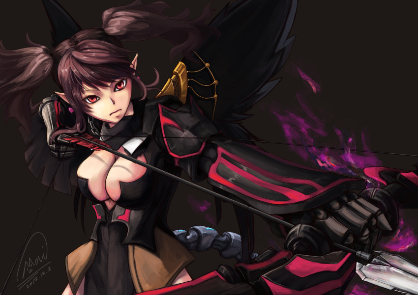 absurdres armor arrow black_wings bow_(weapon) breasts brown_hair cleavage dragon_nest gauntlets highres pointy_ears red_eyes shou_mai weapon wings