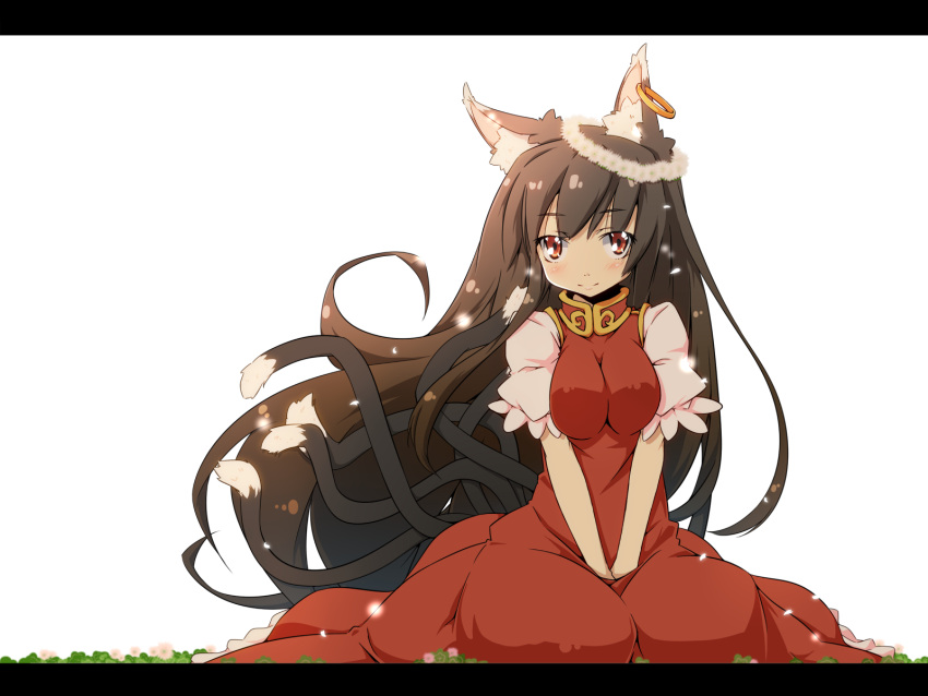 adult animal_ears breast_squeeze breasts brown_eyes brown_hair cat_ears cat_tail chen dress ear_piercing haruyonoto head_wreath highres jewelry large_breasts letterboxed long_hair looking_at_viewer multiple_tails no_hat no_headwear piercing puffy_sleeves red_dress shirt short_sleeves single_earring sitting smile solo tail touhou v_arms very_long_hair