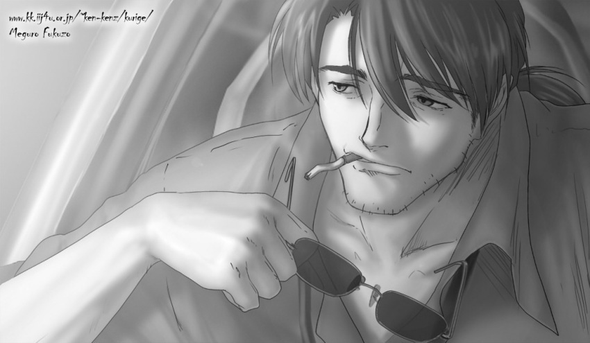 cigarette kaji_ryouji meguro_fukuzou monochrome neon_genesis_evangelion ponytail short_hair smoking sunglasses