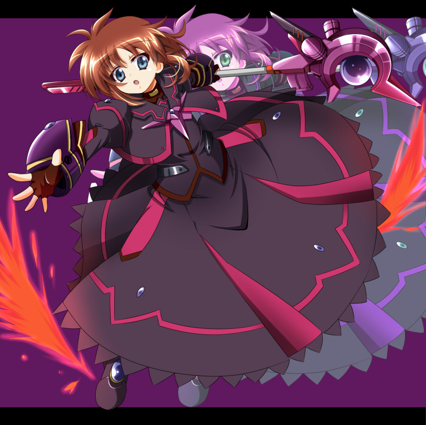 armor blue_eyes brown_hair dress fingerless_gloves gloves highres letterboxed long_sleeves luciferion lyrical_nanoha mahou_shoujo_lyrical_nanoha mahou_shoujo_lyrical_nanoha_a's mahou_shoujo_lyrical_nanoha_a's_portable:_the_battle_of_aces mahou_shoujo_lyrical_nanoha_a's mahou_shoujo_lyrical_nanoha_a's_portable:_the_battle_of_aces material-s open_mouth outstretched_hand puffy_sleeves short_hair solo wings yoroiusagi zoom_layer