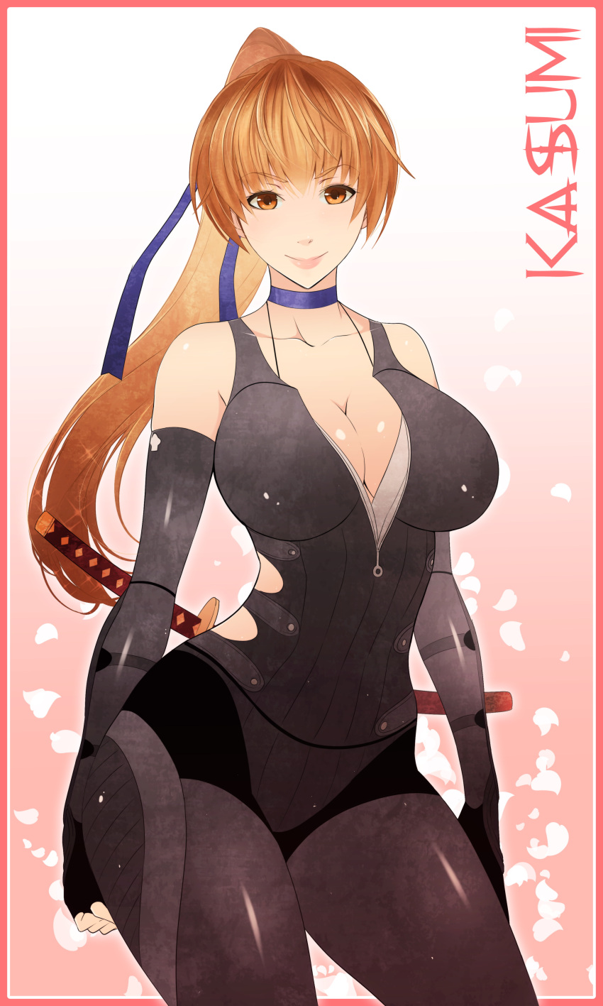 absurdres bare_shoulders breasts brown_eyes brown_hair character_name cleavage clenched_hand collarbone crimeglass curvy dead_or_alive dead_or_alive_5 elbow_gloves fingerless_gloves gloves highres kasumi large_breasts looking_at_viewer ponytail sheath smile solo sword weapon