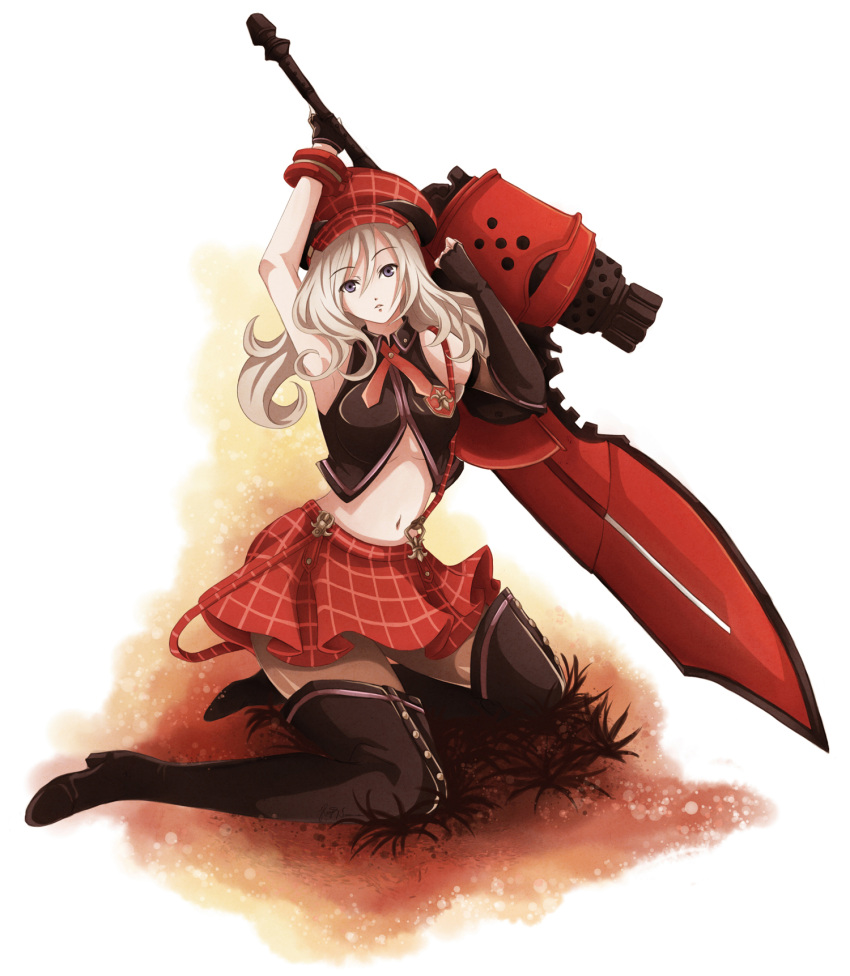 alisa_ilinichina_amiella arms_up blonde_hair blue_eyes boots elbow_gloves fingerless_gloves gloves god_eater god_eater_burst gun hat hayashinomura highres huge_weapon kneeling midriff navel no_bra pantyhose parted_lips plaid plaid_skirt skirt sleeveless solo suspenders sword thigh-highs thigh_boots thighhighs weapon