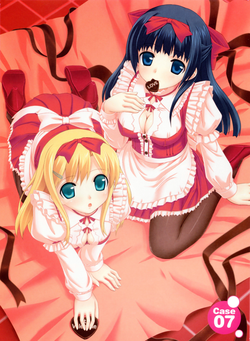 absurdres all_fours aqua_eyes black_legwear blonde_hair blue_eyes blue_hair breasts chocolate chocolate_heart cleavage hair_ornament hair_ribbon hairclip hand_on_own_chest heart high_heels highres long_hair mouth_hold multiple_girls original pantyhose red_shoes ribbon scan shoes sitting smile takayaki wariza
