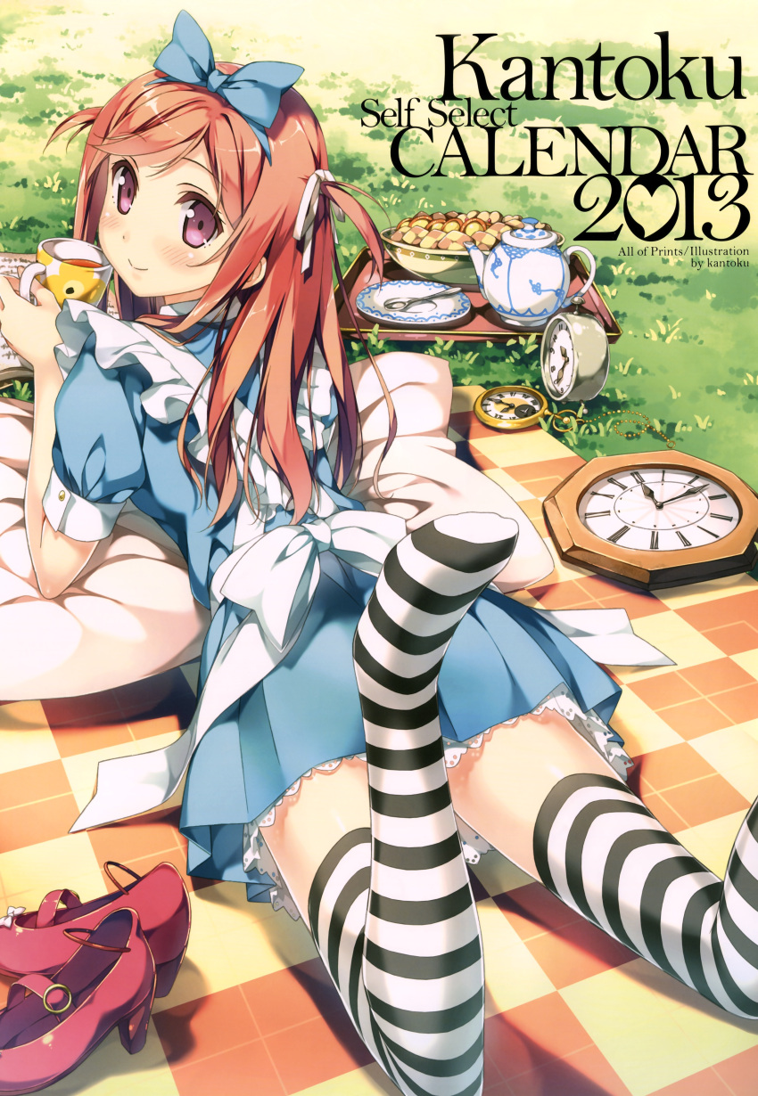 absurdres alice_(wonderland)_(cosplay) alice_in_wonderland bow brown_eyes checkered checkered_floor clock cookie cosplay cup dress food hair_bow highres kantoku kurumi_(kantoku) mary_janes on_stomach plate pocket_watch purple_eyes red_shoes shoes shoes_removed solo spoon striped striped_legwear tea_set teacup teapot thigh-highs thighhighs tray violet_eyes watch