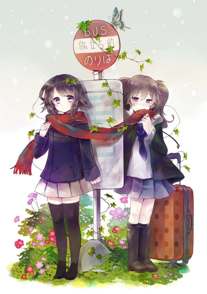 absurdres boots brown_hair bus_stop buttons coat flower grass hairband hanekoto highres insect jacket light_smile moth multiple_girls necktie original purple_eyes scarf shared_scarf sign skirt smile suitcase tears thigh-highs thighhighs twintails violet_eyes