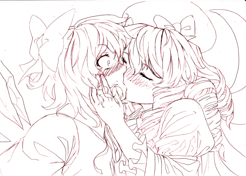 blush cirno closed_eyes eyes_closed hand_on_another's_face hand_on_another's_face hat kiss luna_child sketch touhou traditional_media traditional_method wide-eyed wings yuri