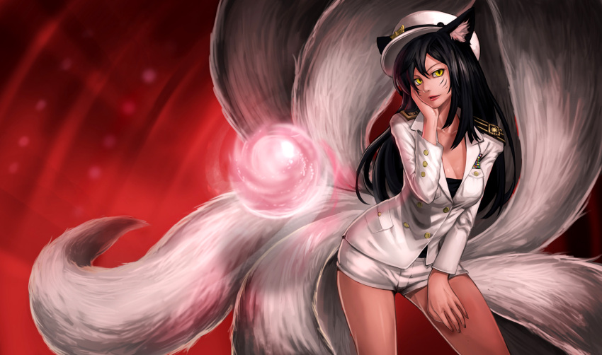 1girl ahri animal_ears artist_request black_hair facial_mark fox_ears fox_tail girls'_generation hand_on_own_face hat highres league_of_legends shorts solo tail uniform yellow_eyes