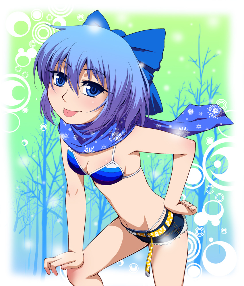 :p belt bikini blue_eyes blue_hair bow cirno forest hair_bow hand_on_hip hand_on_knee hayashi_kasutamu highres leaning_over looking_at_viewer nature navel scarf short_hair short_shorts shorts smile solo swimsuit tongue tongue_out touhou