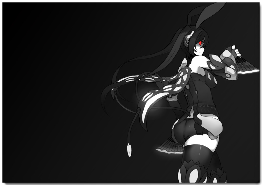 android animal_ears ass black black_hair bunny_ears character_request fan folding_fan hair_ornament headset highres iriskatze looking_back monochrome phantasy_star phantasy_star_online_2 red_eyes robot robot_girl shirogane_usagi skindentation smile solo spot_color thighhighs twintails