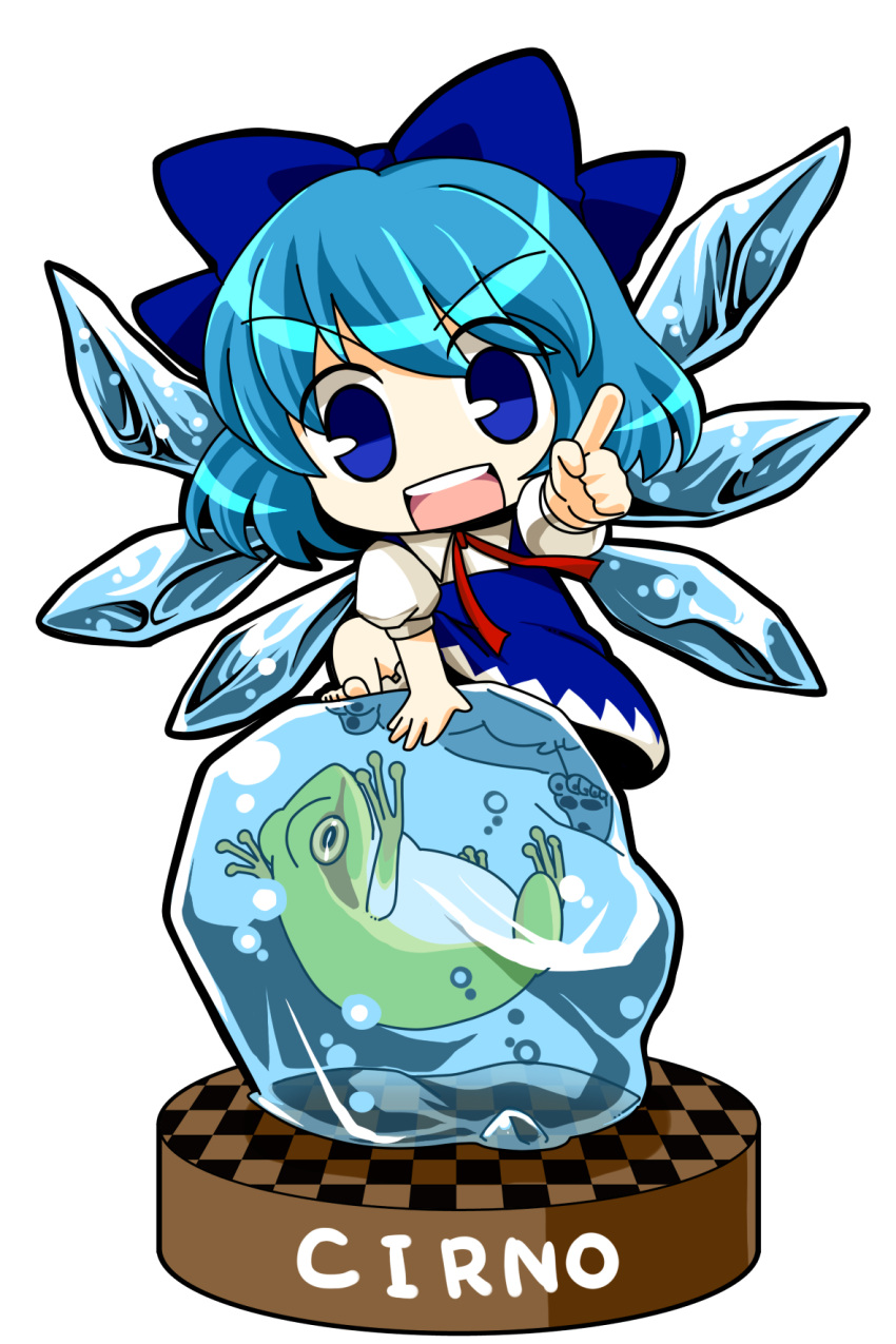 barefoot blue_eyes blue_hair bow character_name checkered chibi cirno dress frog hair_bow highres ice open_mouth revision ribbon short_hair smile socha solo touhou wings