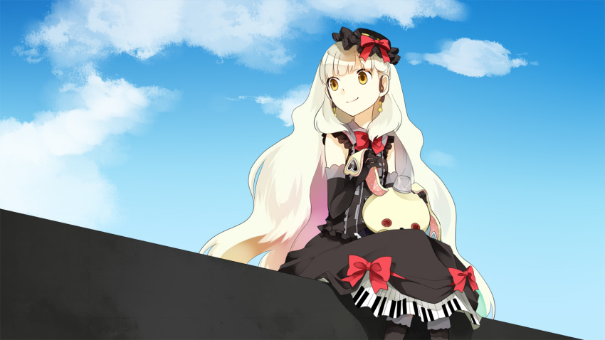 blonde_hair doll elbow_gloves gloves gothic_lolita koyubi koyubi_right lolita_fashion long_hair looking_away mayu_(vocaloid) outdoors pantyhose piano_print sky smile solo stuffed_toy vocaloid yellow_eyes