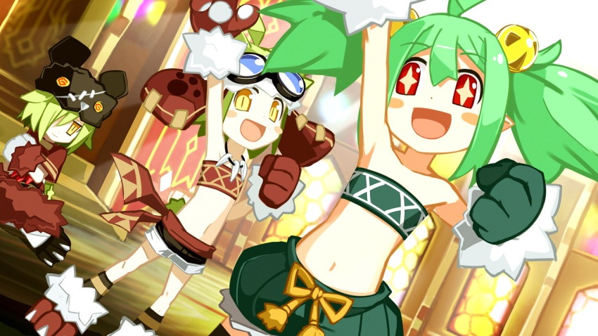 animal_ears armpits arms_up attouteki_yuugi_mugen_souls bandeau character_request child chou_chou chou_chou_vigor dutch_angle gloves goggles green_hair harada_takehito hat long_hair multiple_girls navel official_art open_mouth paw_gloves pointy_ears sharuru_cocott short_hair shorts twintails welsh_cocott yellow_eyes