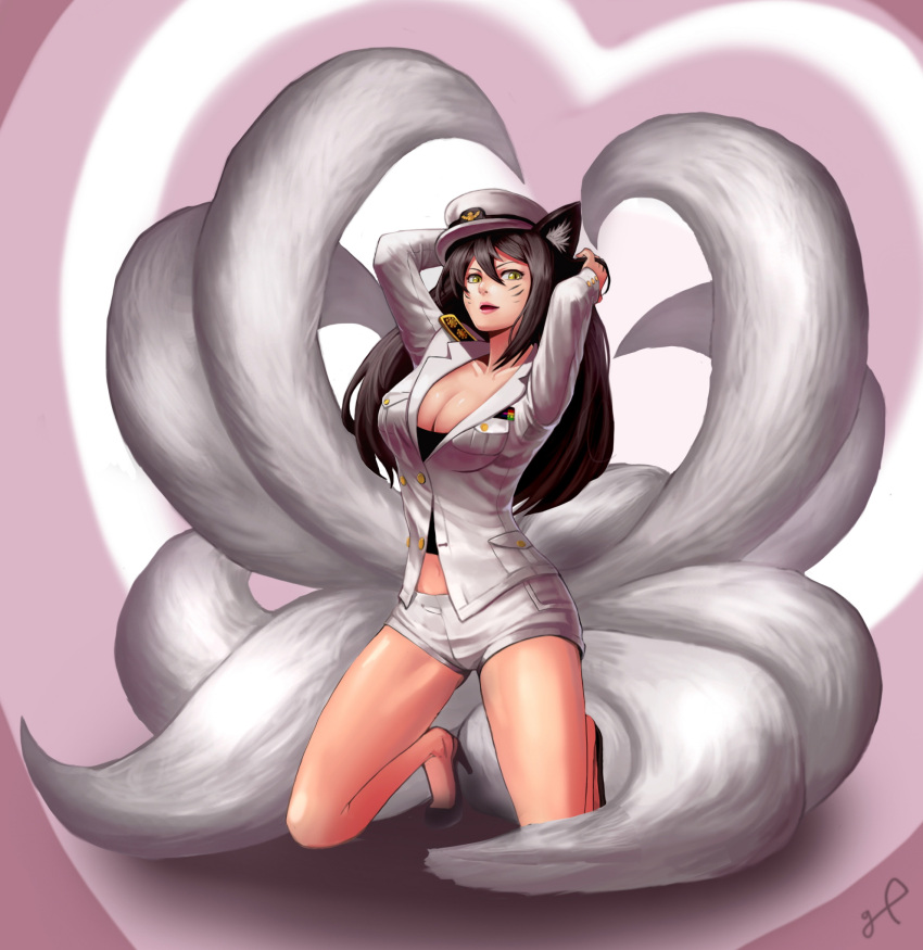 1girl ahri_(league_of_legends) animal_ears black_hair breasts cleavage facial_mark fox_ears fox_tail girls'_generation hat high_heels highres kneeling league_of_legends shoes shorts solo tail uniform yellow_eyes