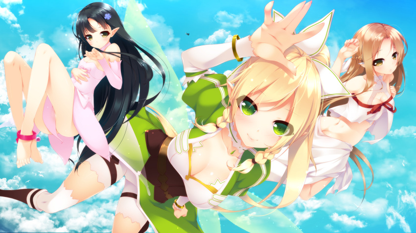 anklet arm_up asuna_(sao) asuna_(sao-alo) bangle bare_shoulders barefoot black_hair blonde_hair bracelet breasts brown_eyes brown_hair cleavage cloud clouds detached_sleeves dress elf fairy_wings flying green_eyes hair_ornament highres jewelry leafa long_hair long_legs looking_at_viewer mogu multiple_girls pointy_ears ponytail sky smile sword_art_online thigh-highs thighhighs titania_(sao) white_legwear wings yellow_eyes yui_(sao) yui_(sao-alo)