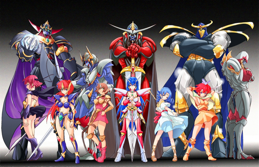 6+girls amu_yoshuna_brand armor asou_yuuko axe bare_shoulders bird blue_hair breasts cham character_request cleavage copyright_request crossed_arms drill_hair grin hand_on_hip headband highres kirishima_reiko lena_brand lineup long_hair macoji mugen_senshi_valis multiple_girls navel pigeon-toed pink_hair pointy_ears ponytail red_hair redhead short_hair sideboob size_difference smile standing sword twintails valna very_long_hair weapon whip