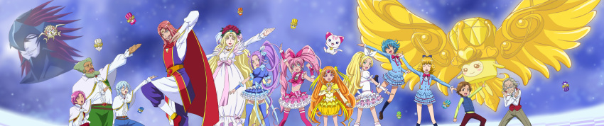 6+girls absurdres aphrodite_(suite_precure) baritone bassdrum beard belt blonde_hair blue_background blue_eyes blue_hair blue_legwear boots bow braid brooch brown_eyes bubble_skirt cape cat choker circlet closed_eyes crescendo_tone crossed_arms cure_beat cure_melody cure_muse cure_muse_(yellow) cure_rhythm dress eyes_closed facial_hair fairy_tone falsetto_(suite_precure) flower frills glasses green_eyes green_hair hair_flower hair_ornament hair_ribbon heart higashiyama_seika highres houjou_hibiki hummy_(suite_precure) jewelry kurokawa_ellen long_hair looking_back magical_girl mephisto_(suite_precure) midriff minamino_kanade minamino_souta multiple_boys multiple_girls mustache nishijima_waon noise_(suite_precure) orange_hair outstretched_arms p-chan_(suite_precure) pants pink_eyes pink_hair pink_legwear ponytail precure puffy_sleeves purple_hair red_hair red_rose redhead ribbon rose school_uniform shirabe_ako shirabe_otokichi shirt short_hair singing siren_(suite_precure) skirt smile spread_arms suite_precure tawashi_(pixiv) thigh-highs thighhighs twintails vest white_dress wrist_cuffs yellow_dress yellow_eyes