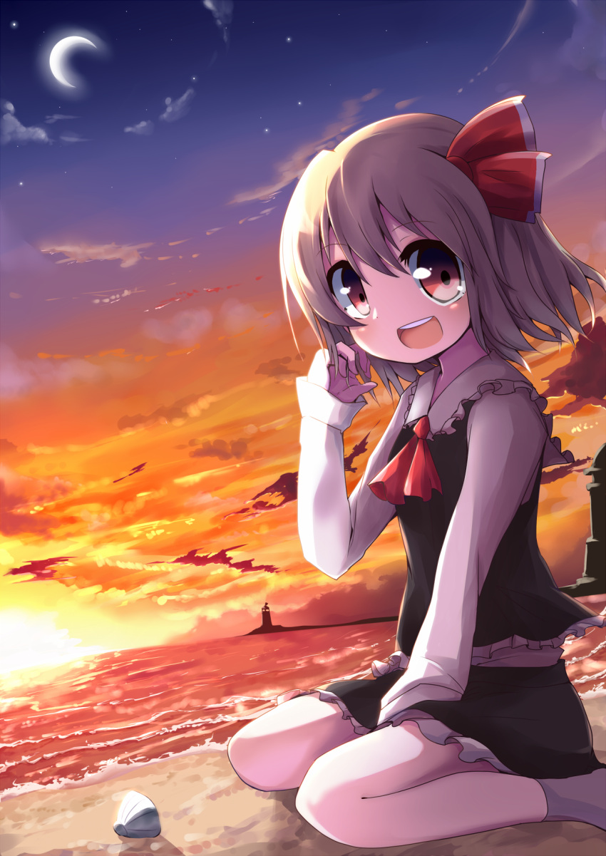 1girl :d beach blonde_hair bow crescent_moon hair_bow hair_ribbon highres kneeling lighthouse moon open_mouth red_eyes ribbon rumia sand shell short_hair skirt smile solo soramuko sunset touhou
