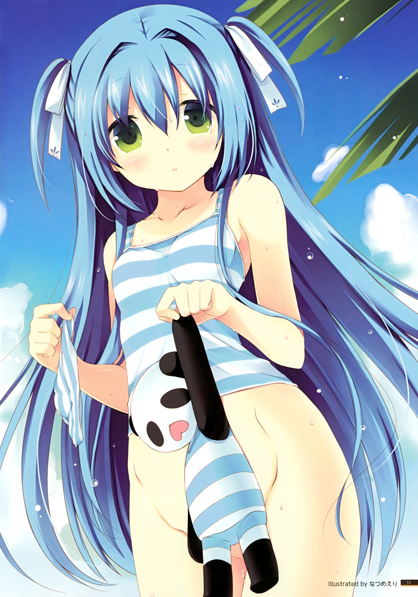 absurdres artist_request bare_shoulders blue_hair bottomless camisole censored collarbone convenient_censoring green_eyes hair_ribbon highres holding holding_panties kurano_ema kurano_kun_chi_no_futago_jijou long_hair mound_of_venus natsume_eri panties panties_removed parted_lips ribbon scan solo striped striped_panties stuffed_toy two_side_up underwear very_long_hair wet