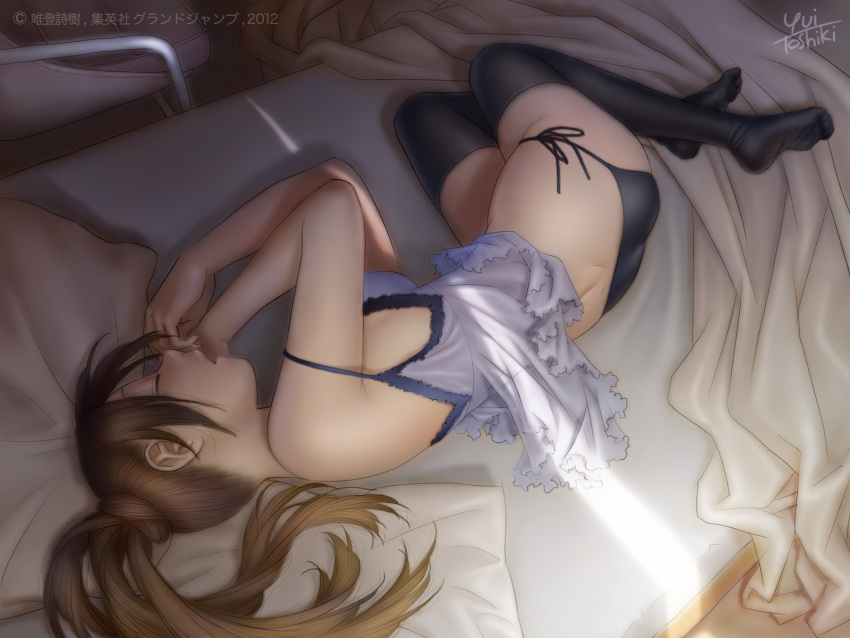 artist_name black_legwear blush breasts brown_hair copyright_request highres long_hair lying on_side open_mouth panties pillow ponytail side-tie_panties signature sleeping solo sunlight thigh-highs thighhighs underwear yui_toshiki