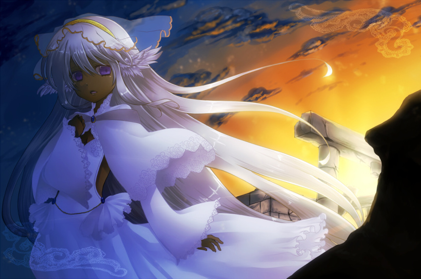 bow copyright_request dark_skin dress feathers hair_bow hairband lace-trimmed_sleeves long_hair purple_eyes silver_hair solo sunset utani_(punishment) very_long_hair violet_eyes white_dress wide_sleeves