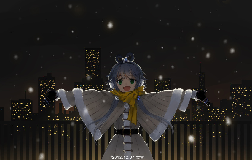 2012 :d city city_lights dated earmuffs green_eyes hair_ornament highres ink_(y3297528xx) luo_tianyi mittens night open_mouth outstretched_arms scarf smile snow solo spread_arms translated vocaloid winter