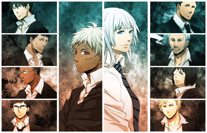 6+boys black_hair blonde_hair blue_eyes brown_hair cigarette dark_skin eyepatch formal glasses johnathan_mar jormungand kogitetuosero koko_hekmatyar lehm lehm_brick long_hair looking_at_viewer lutz mao_(jormungand) multiple_boys multiple_girls older red_eyes scar short_hair silver_hair smile smoking socci_renato sofia_valmer suit toujou_akihiko ugo white_hair william_nelson