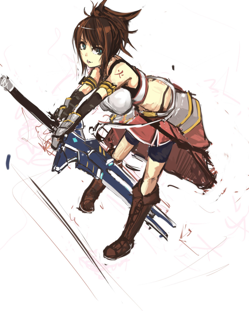 ade_(emi-tan) blue_eyes boots breasts brown_hair faulds half_updo highres large_breasts looking_at_viewer markings original pan!ies payot sketch solo sword weapon white_background